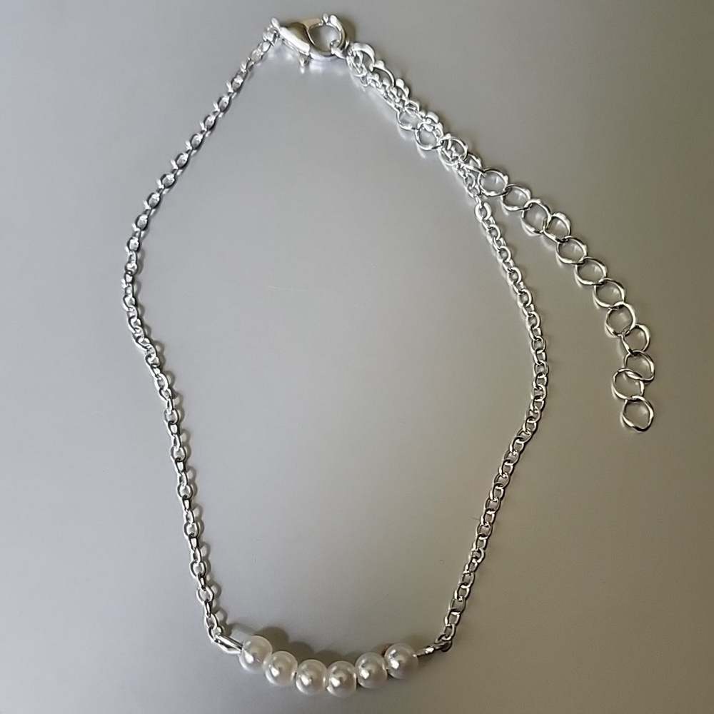 BEADED Faux Pearl  ANKLET  Stainless + Silver Coat